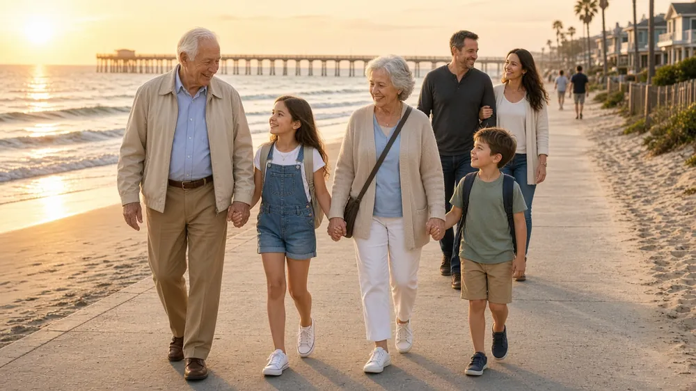 Three generations of family walking a San Diego-area beach boardwalk at sunset: grandparents holding hands with their grandchildren, the kids' parents just behind