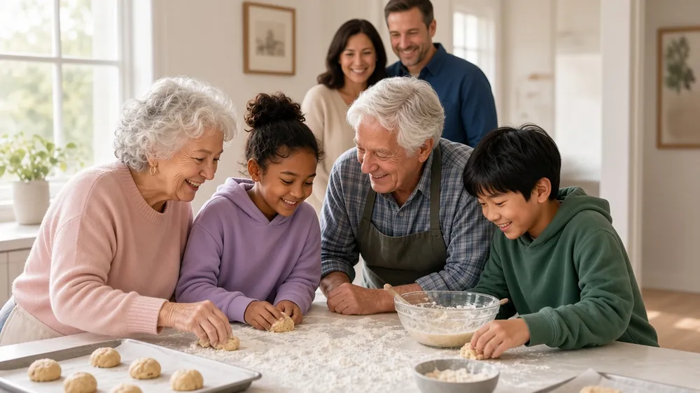 Three generations of family in a bright kitchen: grandparents baking cookies with their grandchildren as the kids' parents watch