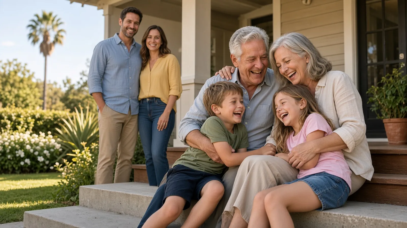 Three generations of family on the front porch of a San Diego home: smiling grandparents hugging their grandchildren while the kids' parents look on